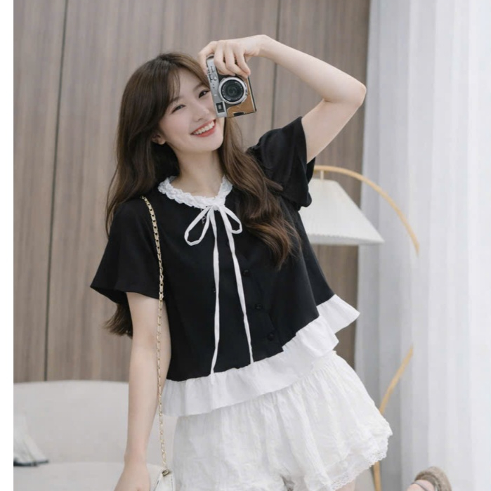 Áo babydoll phối bèo cổ tay phồng phong cách tiểu thư dàng cho nữ LALA A87