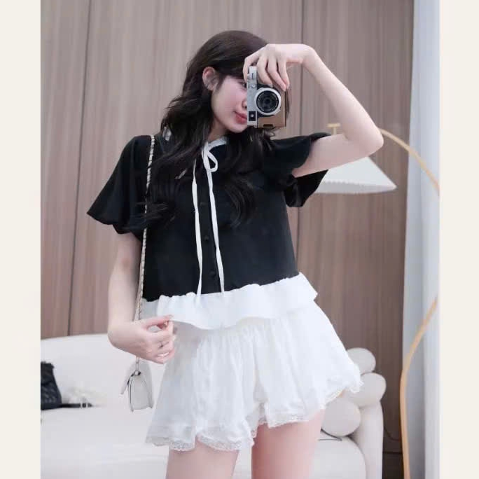 Áo babydoll phối bèo cổ tay phồng phong cách tiểu thư dàng cho nữ LALA A87
