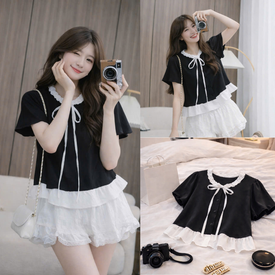 Áo babydoll phối bèo cổ tay phồng phong cách tiểu thư dàng cho nữ LALA A87