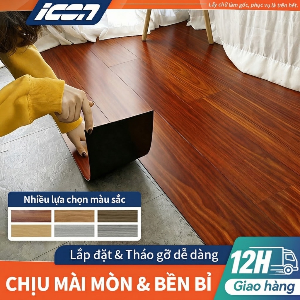 ICON Miếng nhựa lót sàn giả vân gỗ sang trọng, có keo sẵn dễ dán, miếng dán sàn nhà45,5x15,24 cm