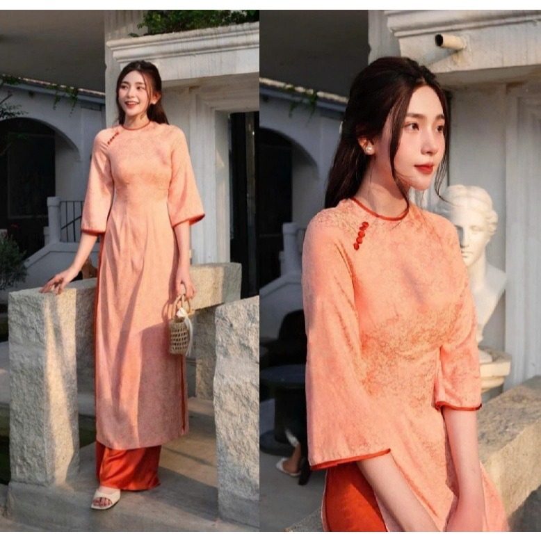 Set Áo dài lụa gấm dáng ôm không cổ tay lỡ đính cúc phối viền + Quần dài lụa mặc T1500G