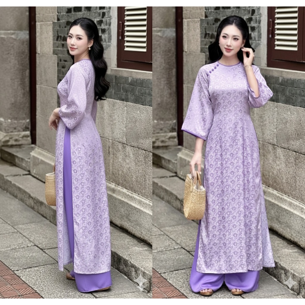 Set Áo dài lụa gấm dáng ôm không cổ tay lỡ đính cúc phối viền + Quần dài lụa mặc T1500G
