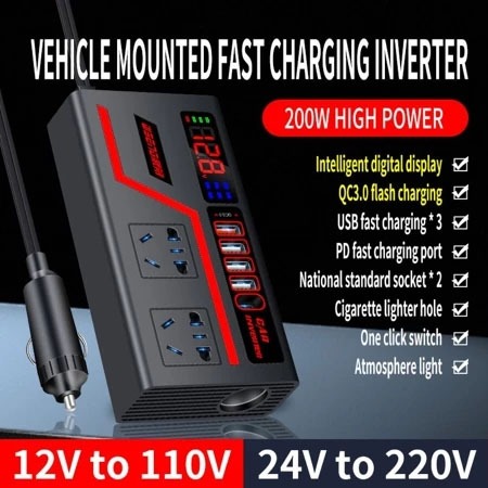 Biến tần ô tô Xe tải ô tô 12V/24V Bộ chuyển đổi ổ cắm điện đa năng sang 110V/220V