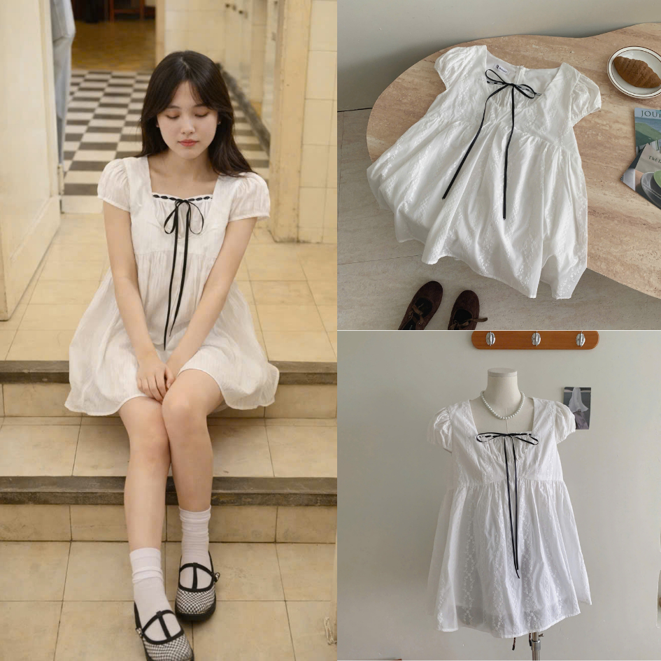 Áo babydoll dáng dài cổn phối nơ đen điệu đà, áo giấu quần LALA A112