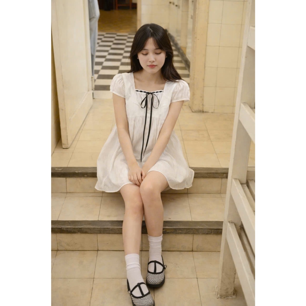 Áo babydoll dáng dài cổn phối nơ đen điệu đà, áo giấu quần LALA A112