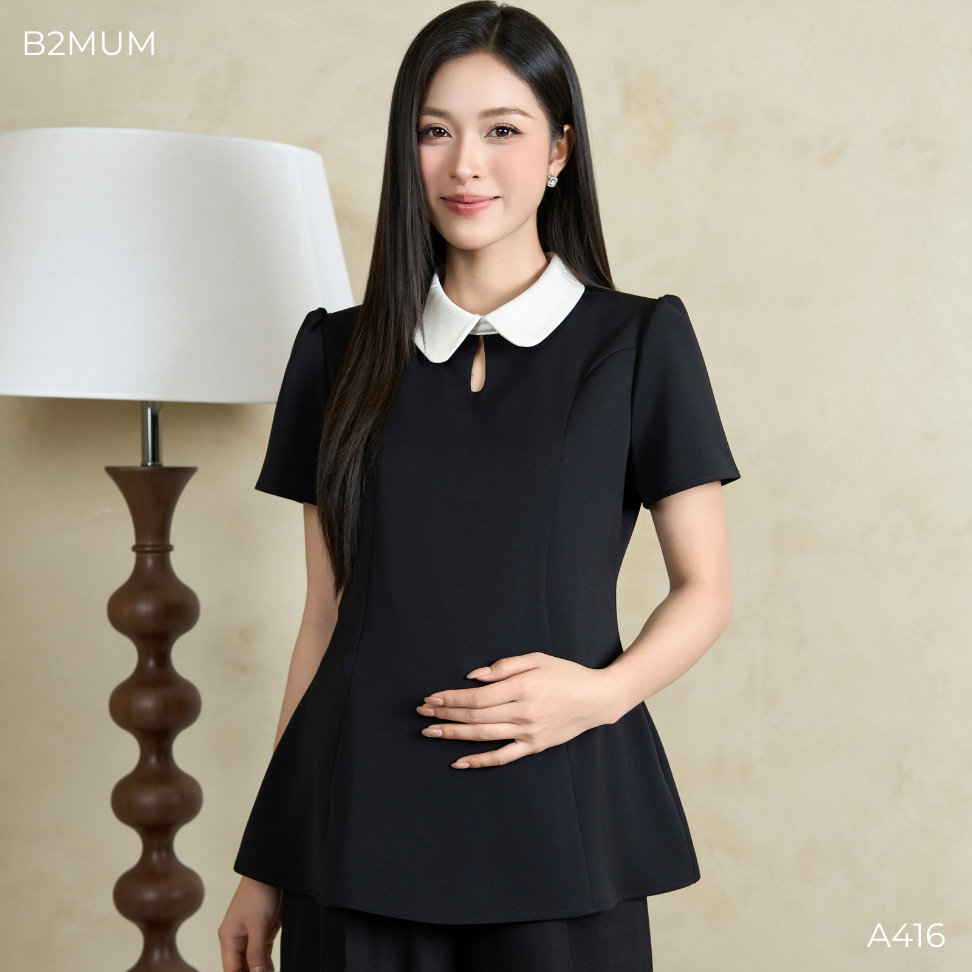 Áo Bầu Công SởDáng Suông Cổ Sen Phối Màu Thanh Lịch -  Che Bụng Nhẹ Mềm Mát Dễ Phối Đồ A416 By B2MUM
