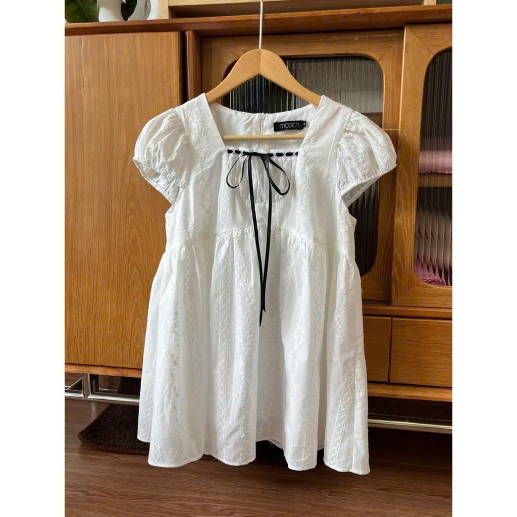 Áo babydoll dáng dài cổn phối nơ đen điệu đà, áo giấu quần LALA A112