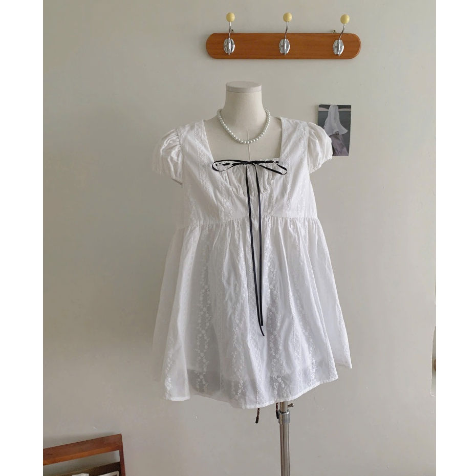 Áo babydoll dáng dài cổn phối nơ đen điệu đà, áo giấu quần LALA A112