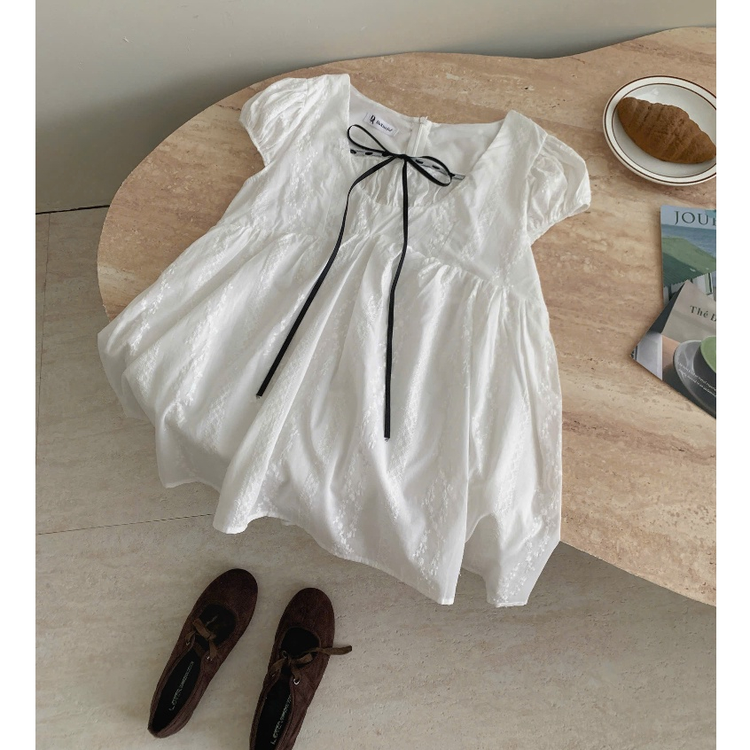 Áo babydoll dáng dài cổn phối nơ đen điệu đà, áo giấu quần LALA A112