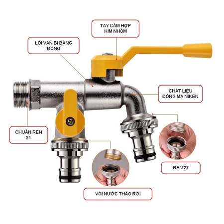 Vòi nước đồng thau 1 vào 2 ra 1/2 inch cho sân vườn và gia đình