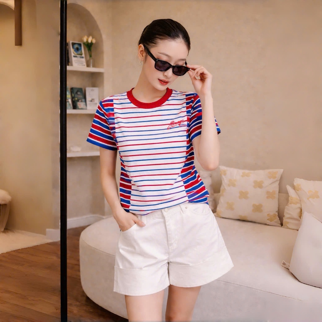 Áo Thun Mirage Họa Tiết Sọc Màu Xanh Đỏ Local Brand Chất 100% Cotton Mềm Mịn Thoáng Mát.