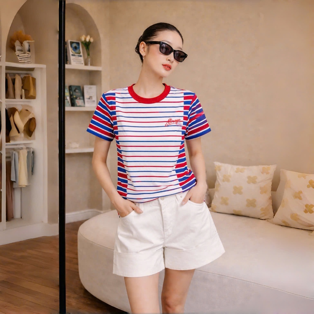Áo Thun Mirage Họa Tiết Sọc Màu Xanh Đỏ Local Brand Chất 100% Cotton Mềm Mịn Thoáng Mát.
