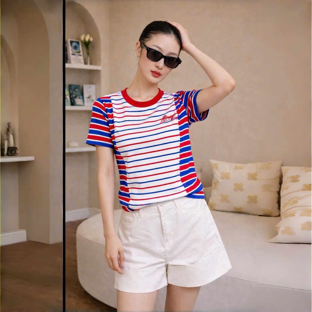 Áo Thun Mirage Họa Tiết Sọc Màu Xanh Đỏ Local Brand Chất 100% Cotton Mềm Mịn Thoáng Mát.