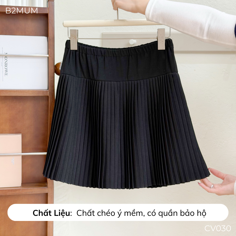 Chân Váy Bầu Xòe Xếp Ly Cạp Thun Co Giãn – Mặc Đi Làm/ Đi Chơi, Có Quần Bảo Hộ - Vella Skirt CV030 By B2MUM