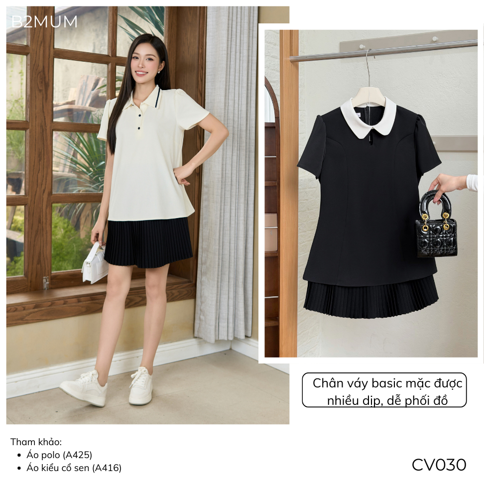 Chân Váy Bầu Xòe Xếp Ly Cạp Thun Co Giãn – Mặc Đi Làm/ Đi Chơi, Có Quần Bảo Hộ - Vella Skirt CV030 By B2MUM