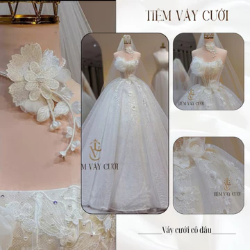 Váy Cưới Làm Lễ, Váy Cưới Cô Dâu, Đầm Cưới Đính Hoa 3D, Cúp Ngực, Tùng Bồng Bềnh, TVC49