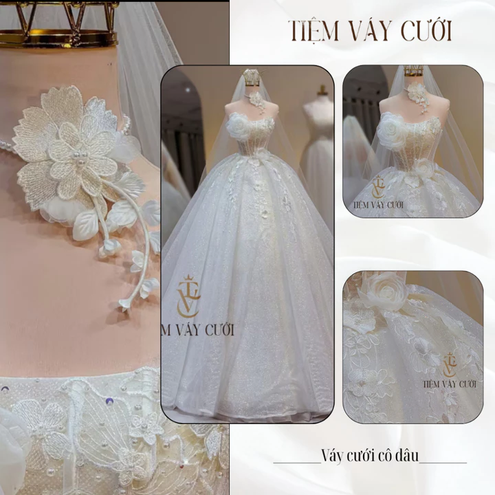 Váy Cưới Làm Lễ, Váy Cưới Cô Dâu, Đầm Cưới Đính Hoa 3D, Cúp Ngực, Tùng Bồng Bềnh, TVC49