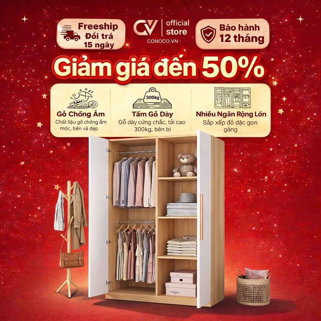 Tủ Quần Áo Gỗ Tối Giản 2 Cánh Hiện Đại CONOCO Tủ Đựng Đồ Phòng Ngủ Ván Dày Chống Ẩm Tiết Kiệm Diện Tích 80cm
