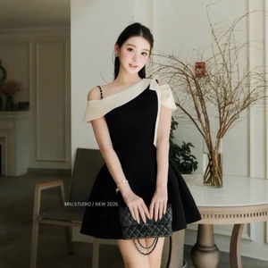 MIU.STUDIO • Đầm tiểu thư lệch vai phối nơ cao cấp, Váy thiết kế dáng ngắn tiểu thư thanh lịch, đầm dự tiệc sang chảnh
