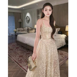 Đầm ren thêu hoa ánh kim sa cao cấp thiết kế dáng xoè tiểu thư ôm eo tôn dáng, Váy dự tiệc 2S thanh lịch sang chảnh