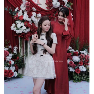 Váy dự tiệc thiết kế dáng ngắn phối nơ tiểu thư thanh lịch, Đầm ren hoa tay ngắn dáng xoè phù hợp mặc đi cưới, đi tiệc