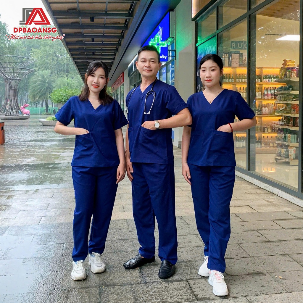 Bộ Scrubs Màu Xanh Tay Ngắn Cổ Tim Form Nam Nữ Làm Đồng Phục Bác Sĩ, Kỹ Thuật Viên Spa