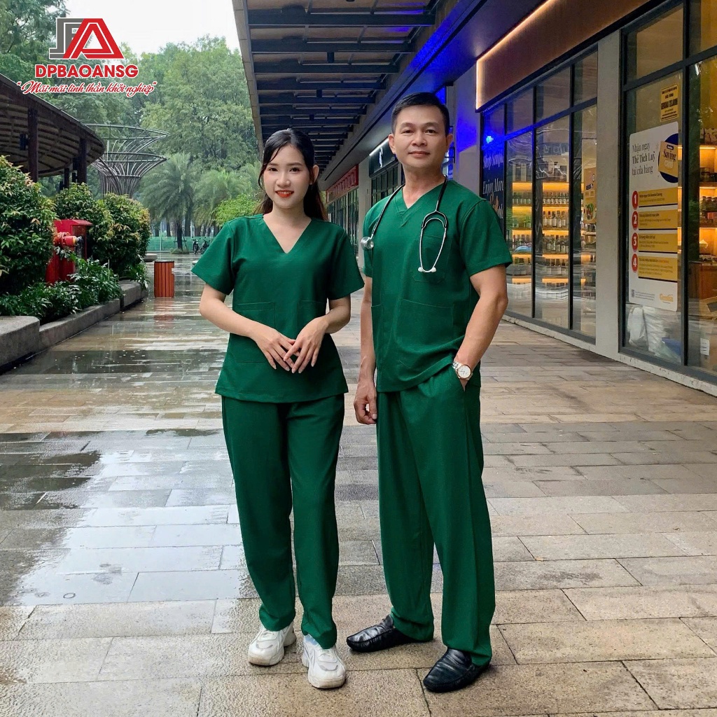 Bộ Scrubs Màu Xanh Tay Ngắn Cổ Tim Form Nam Nữ Làm Đồng Phục Bác Sĩ, Kỹ Thuật Viên Spa
