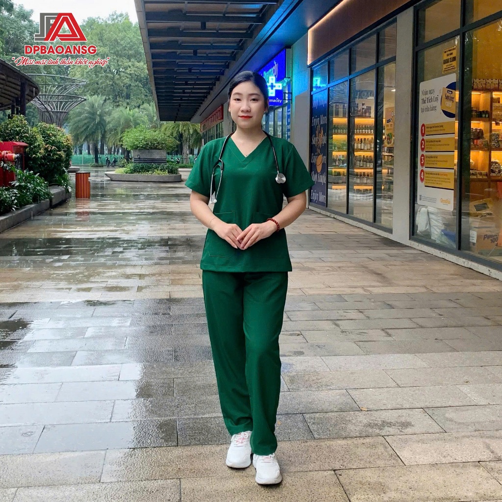 Bộ Scrubs Màu Xanh Tay Ngắn Cổ Tim Form Nam Nữ Làm Đồng Phục Bác Sĩ, Kỹ Thuật Viên Spa
