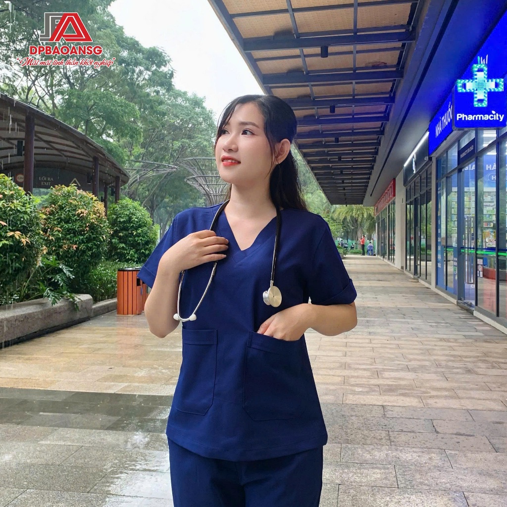 Bộ Scrubs Màu Xanh Tay Ngắn Cổ Tim Form Nam Nữ Làm Đồng Phục Bác Sĩ, Kỹ Thuật Viên Spa