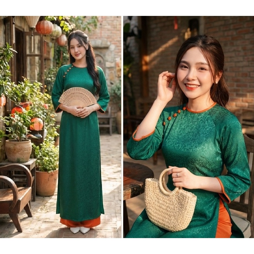 Áo Dài Cách Tân Nữ Lụa Gấm Hoa Cao Cấp Thiết Kế Cổ Tròn Đính Khuy Sang Trọng Đi Tiệc Lễ Tết Chụp Ảnh T1606G