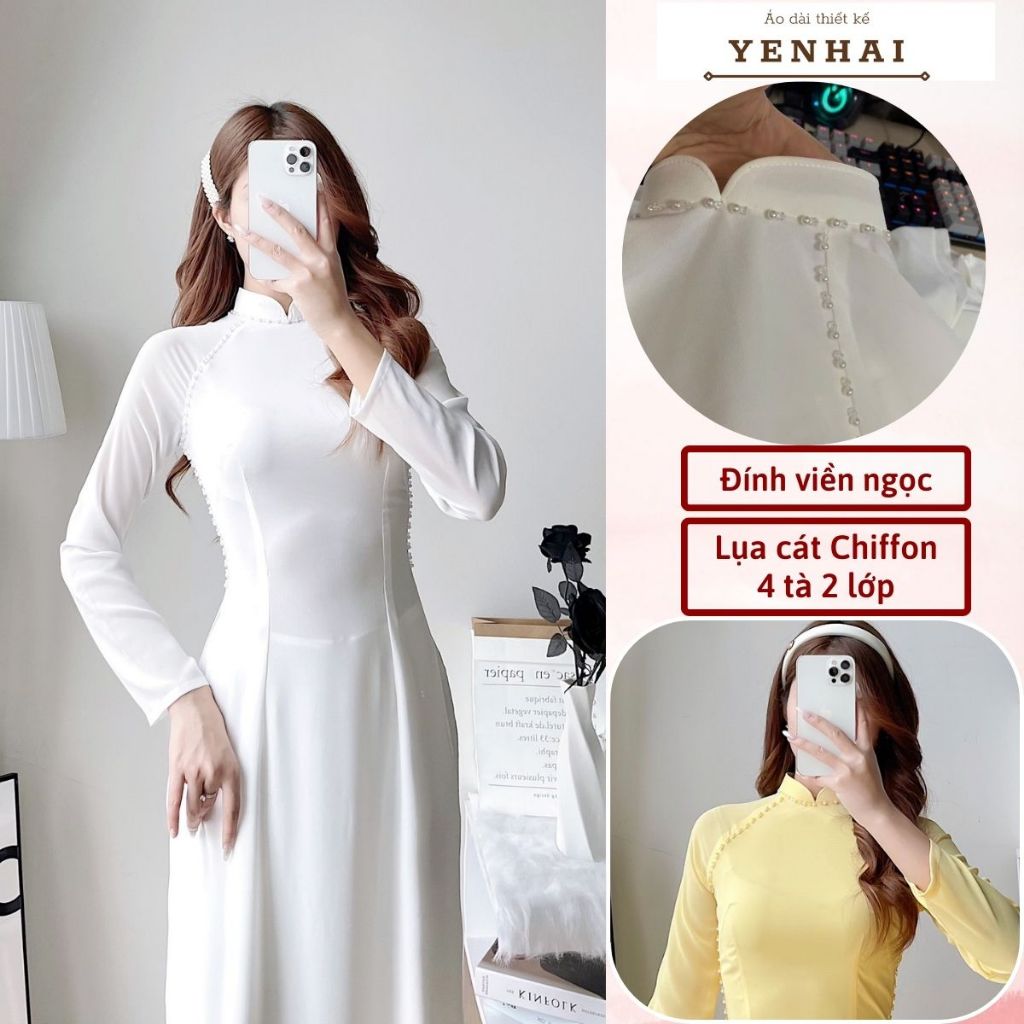 Áo dài thiết kế đính ngọc chất lụa cát chiffon 4 tà 2 lớp cổ cao tay dài - cf11, cf13
