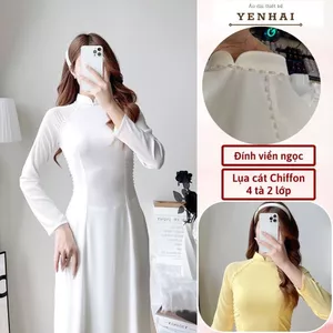 Áo dài thiết kế đính ngọc chất lụa cát chiffon 4 tà 2 lớp cổ cao tay dài - cf11, cf13