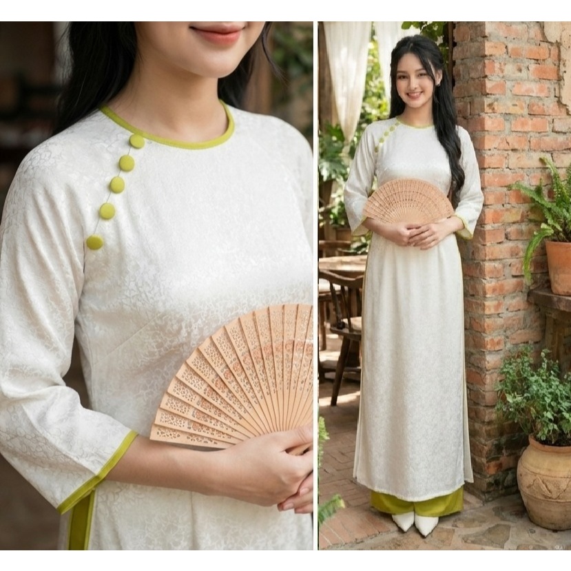 Áo Dài Cách Tân Nữ Lụa Gấm Hoa Cao Cấp Thiết Kế Cổ Tròn Đính Khuy Sang Trọng Đi Tiệc Lễ Tết Chụp Ảnh T1606G