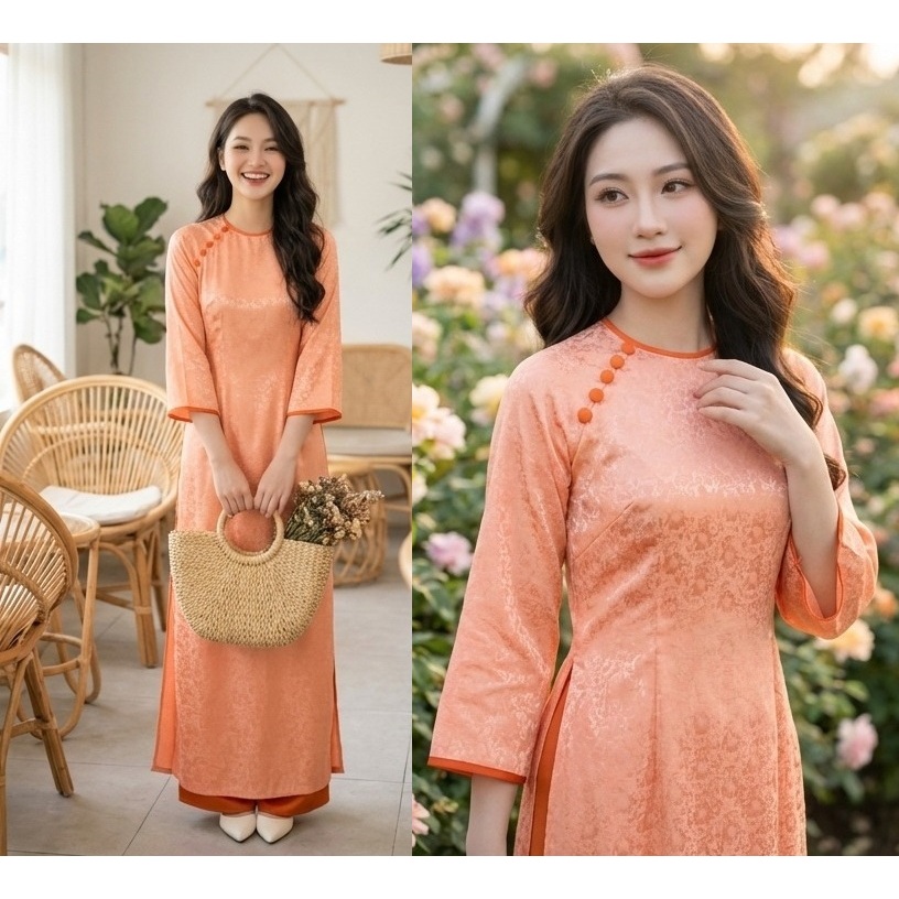 Áo Dài Cách Tân Nữ Lụa Gấm Hoa Cao Cấp Thiết Kế Cổ Tròn Đính Khuy Sang Trọng Đi Tiệc Lễ Tết Chụp Ảnh T1606G