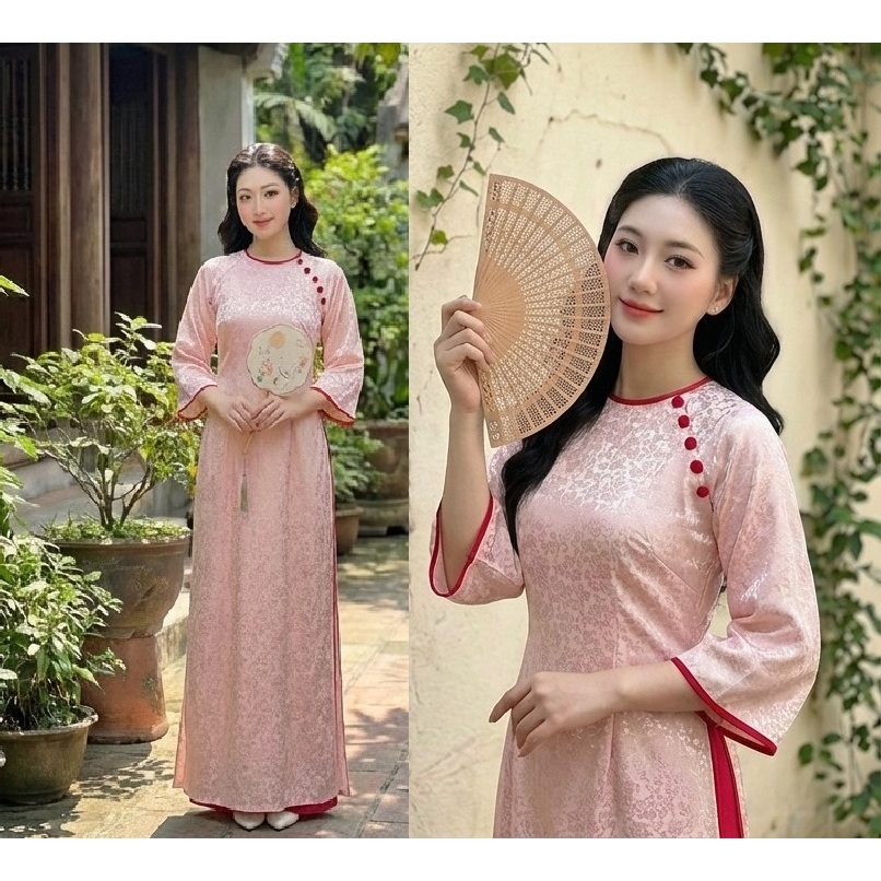 Áo Dài Cách Tân Nữ Lụa Gấm Hoa Cao Cấp Thiết Kế Cổ Tròn Đính Khuy Sang Trọng Đi Tiệc Lễ Tết Chụp Ảnh T1606G