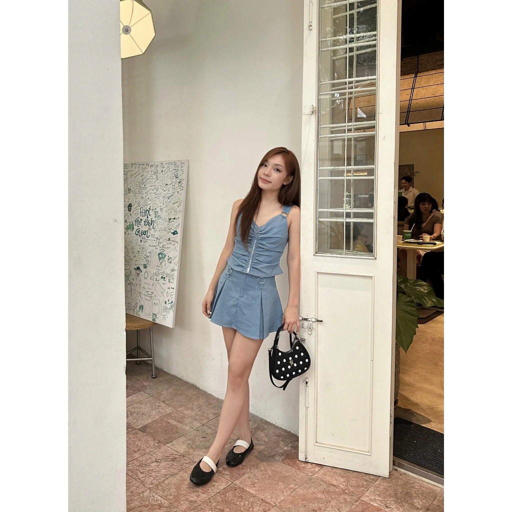 Set Nữ INVER Chất Denim Nhún Ngực Phối Chân Váy Chữ A Phong Cách SECODEE