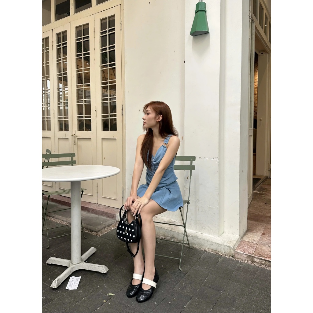 Set Nữ INVER Chất Denim Nhún Ngực Phối Chân Váy Chữ A Phong Cách SECODEE