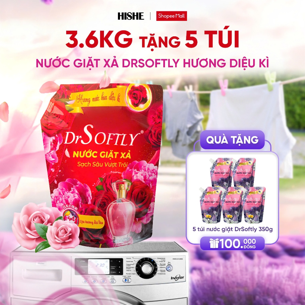 [ Tặng 5 bịch] Nước giặt xả DRSOFTLY 3.6 KG hương Lavender, Nước hoa diệu kì, mềm vải, lưu hương lâu