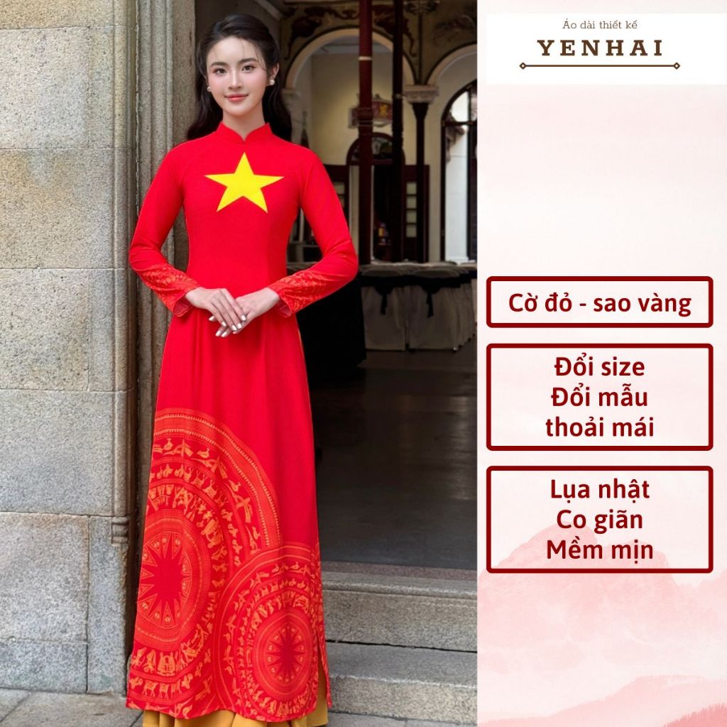 Áo dài cờ đỏ sao vàng dáng truyền thống in họa tiết trống đồng mặc đồng phục biểu diễn đẹp - 3DCD