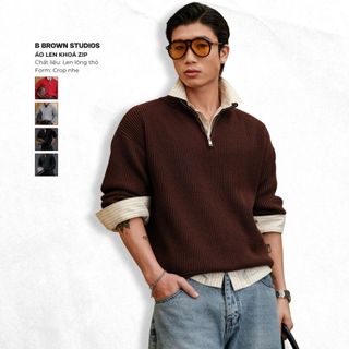 Áo Len Nam B Brown Khóa Zip - Chất Liệu Len Dày Dặn, Form Crop Tôn Dáng, Dùng Hàng Ngày