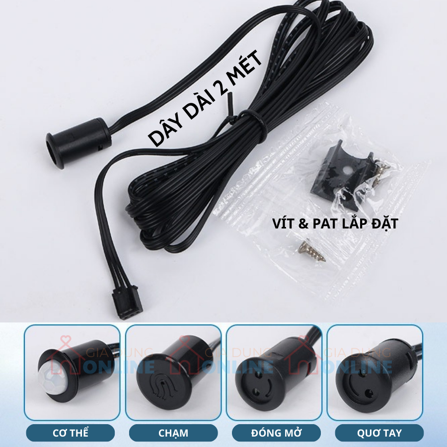 Công tắc cảm biến có dây dài 2 mét bật tắt đèn led 12V cho trang trí và chiếu sáng tủ bếp, tủ áo, tủ trưng bày, chân giư