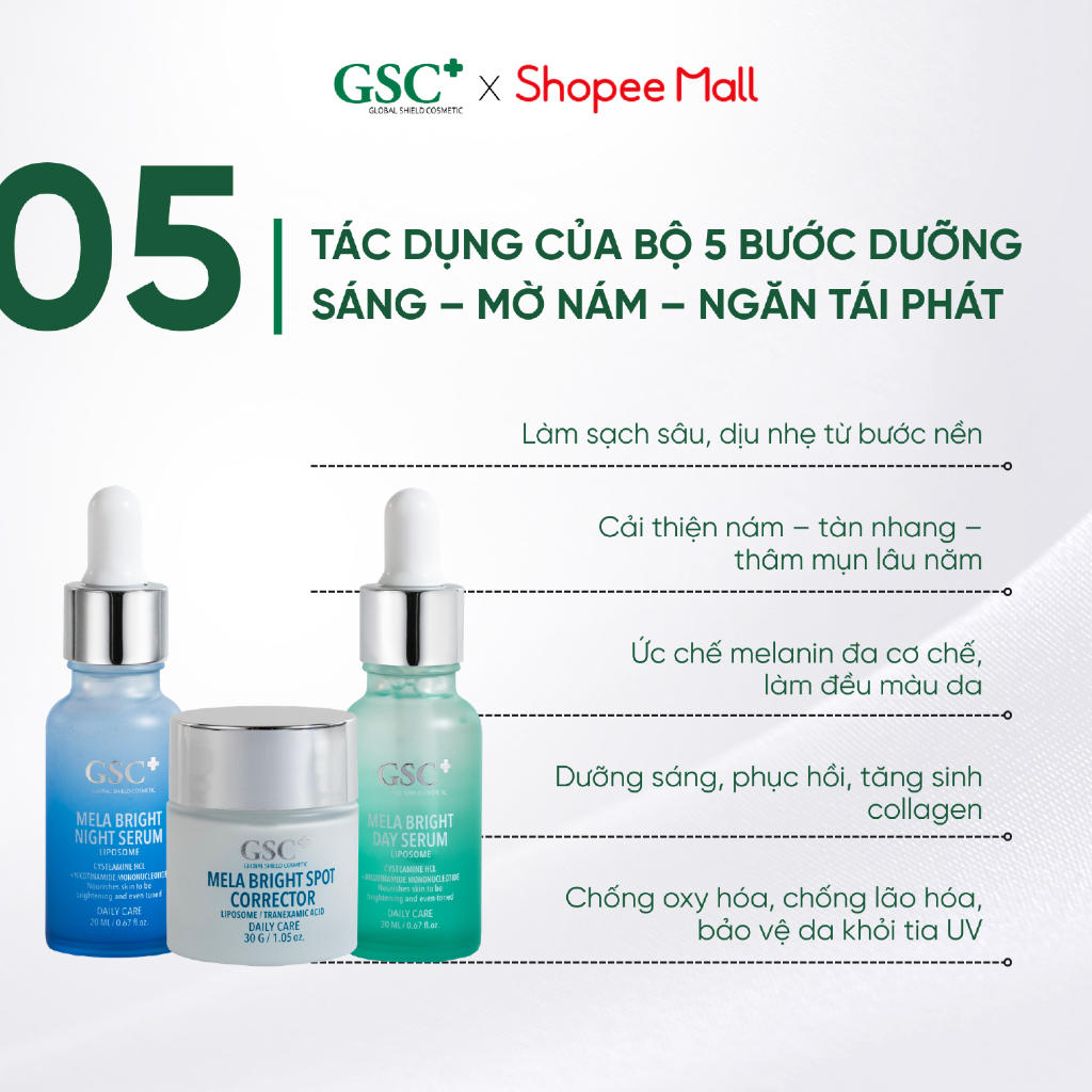 Bộ Sản Phẩm Dưỡng Sáng, Mờ Thâm Nám GSC Mela Bright gồm 3 Sản Phẩm - Ngắn Ngừa Nám Tái Phát  - S4