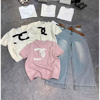 LT - Áo len nữ cổ tròn chữ ngực thêu nổi, len cộc tay dệt kim free size 1579