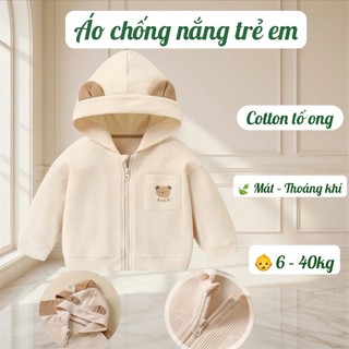 Áo Chống Nắng Bé Trai Bé Gái Tai Gấu – Áo Khoác Cotton Tổ Ong Thoáng Mát Cho Bé 6-40kg #N14
