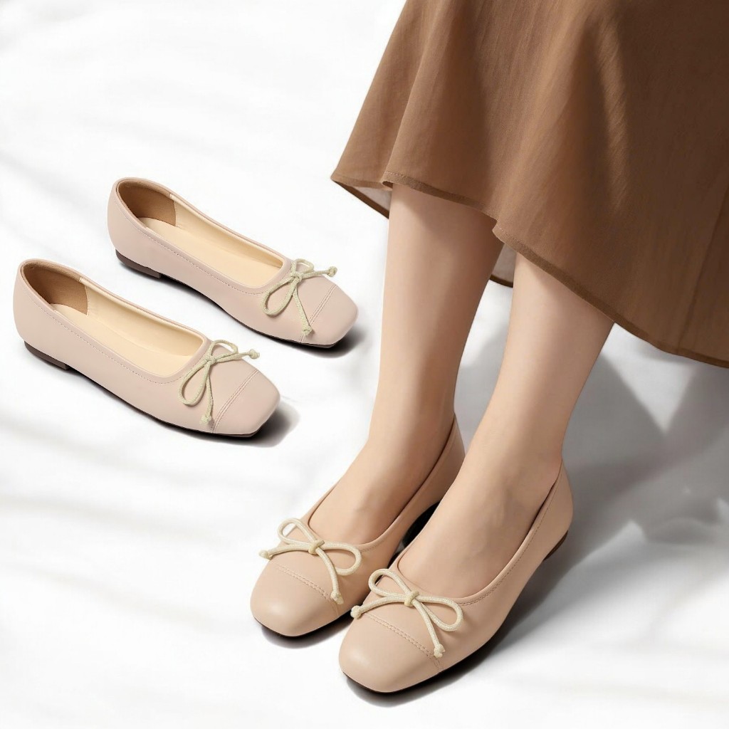 Giày Búp Bê Bệt Mũi Vuông Phối Nơ Nhỏ Thời Trang Pixie H396