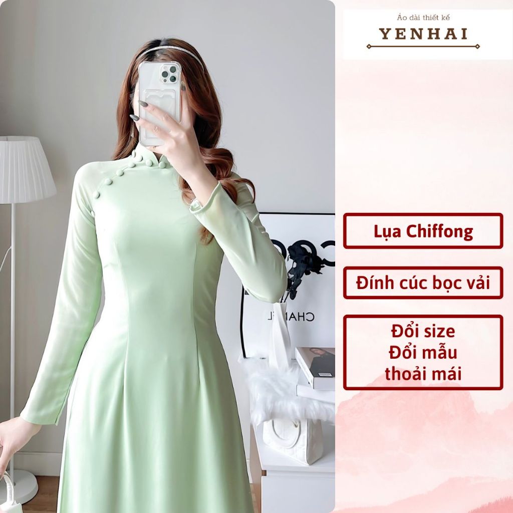 Áo dài thiết kế đính cúc bọc vải chất lụa cát Chiffong 2 lớp 4 tà sang trọng lịch sự - CF10-Cf12