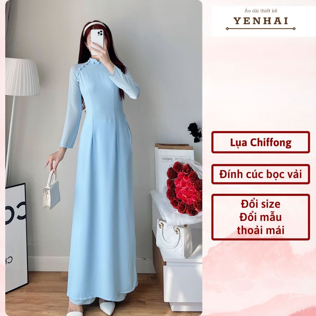 Áo dài thiết kế đính cúc bọc vải chất lụa cát Chiffong 2 lớp 4 tà sang trọng lịch sự - CF10-Cf12