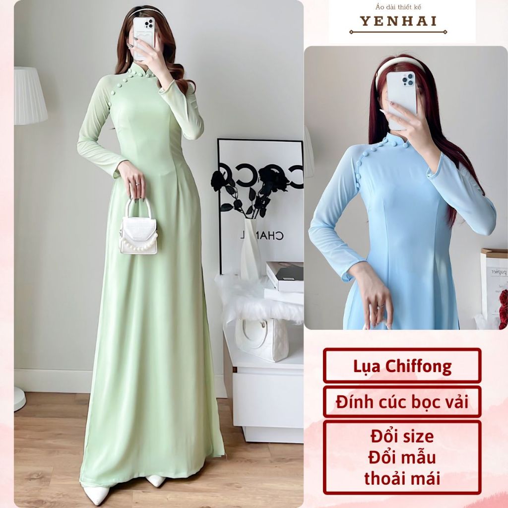 Áo dài thiết kế đính cúc bọc vải chất lụa cát Chiffong 2 lớp 4 tà sang trọng lịch sự - CF10-Cf12