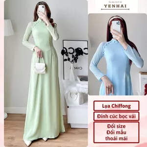 Áo dài thiết kế đính cúc bọc vải chất lụa cát Chiffong 2 lớp 4 tà sang trọng lịch sự - CF10-Cf12