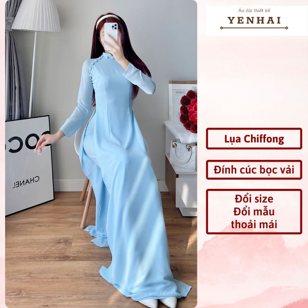 Áo dài thiết kế đính cúc bọc vải chất lụa cát Chiffong 2 lớp 4 tà sang trọng lịch sự - CF10-Cf12